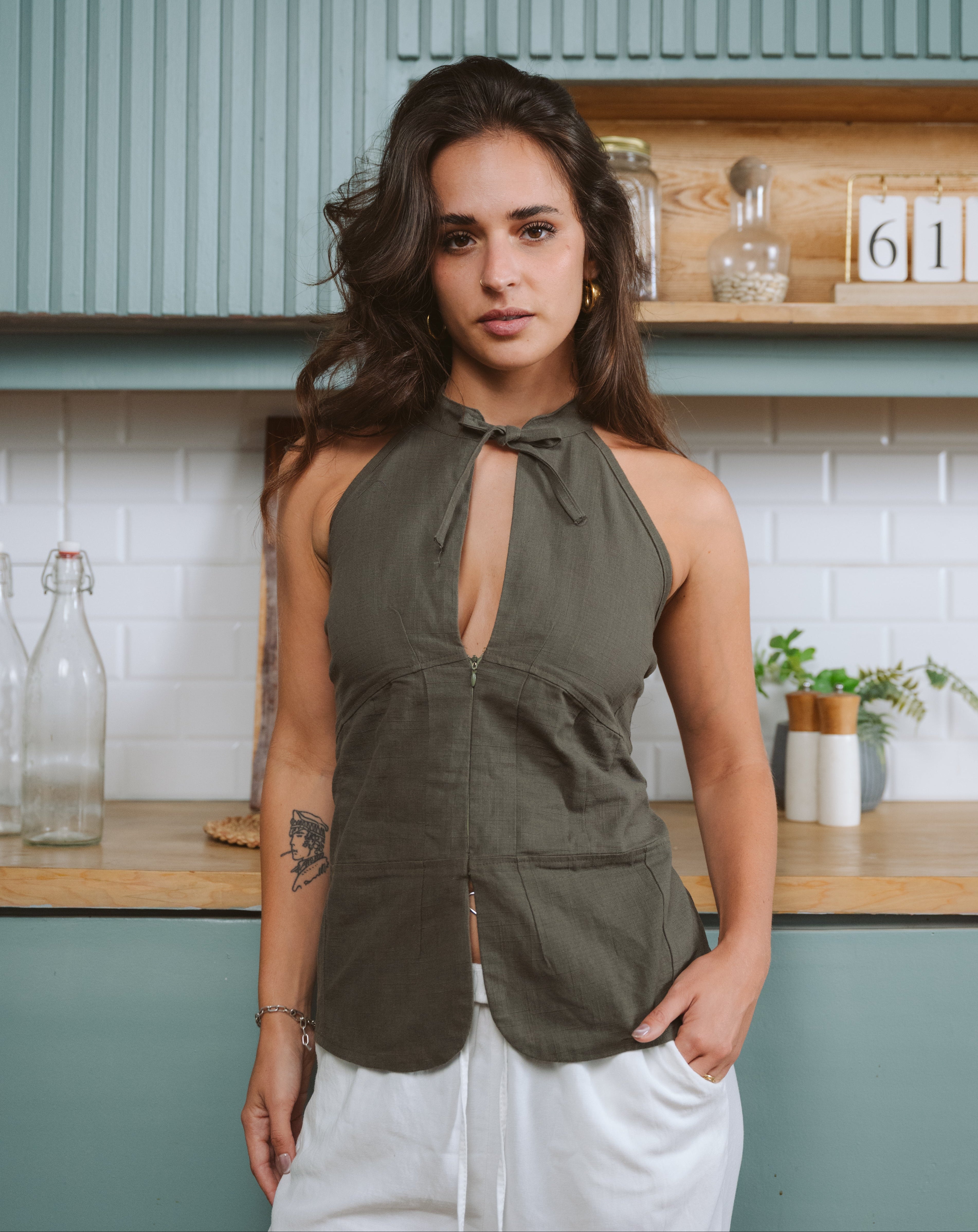 Olive Tie-Neck Top