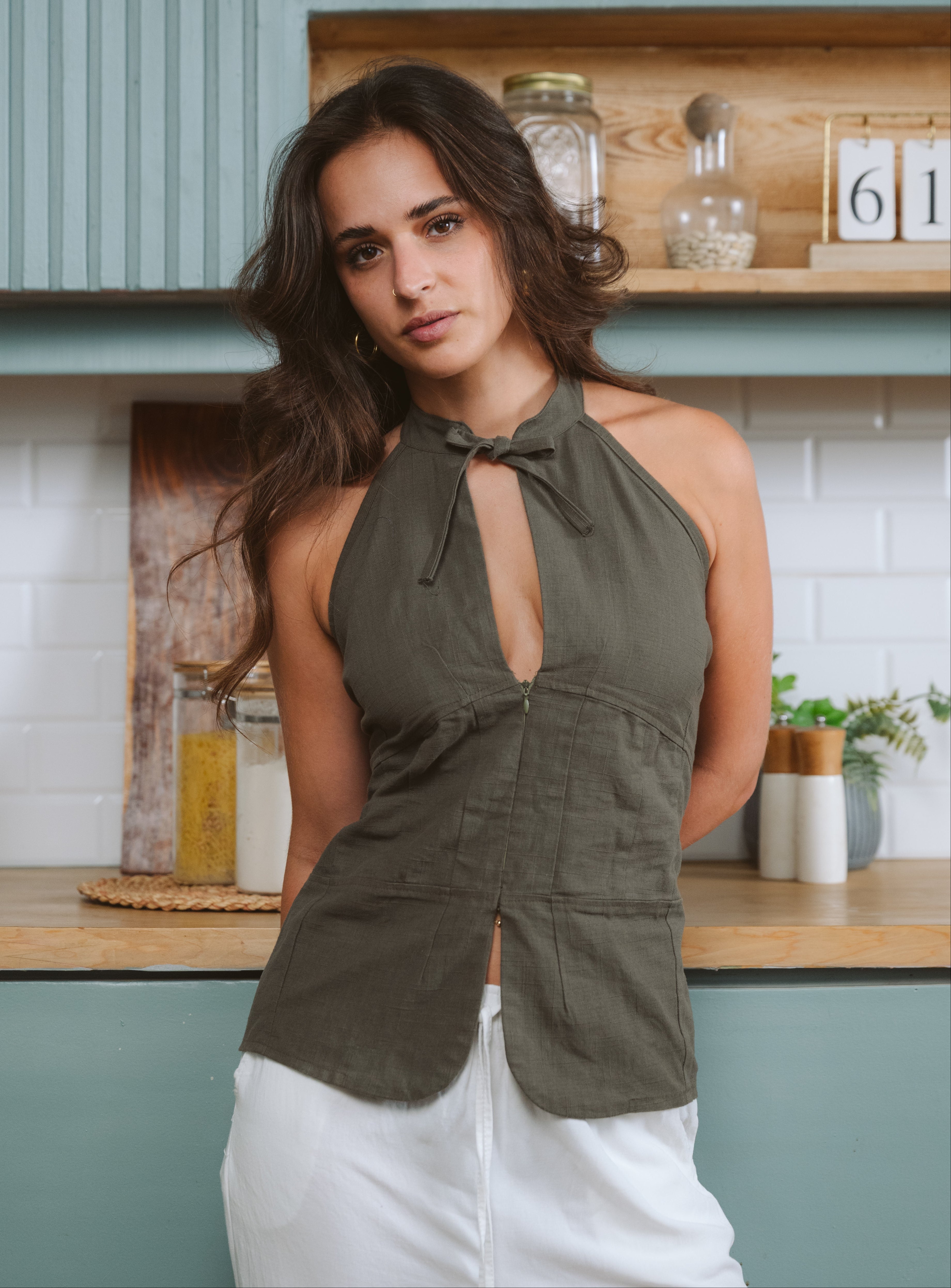 Olive Tie-Neck Top