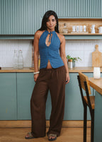 Blue Tie-Neck Top